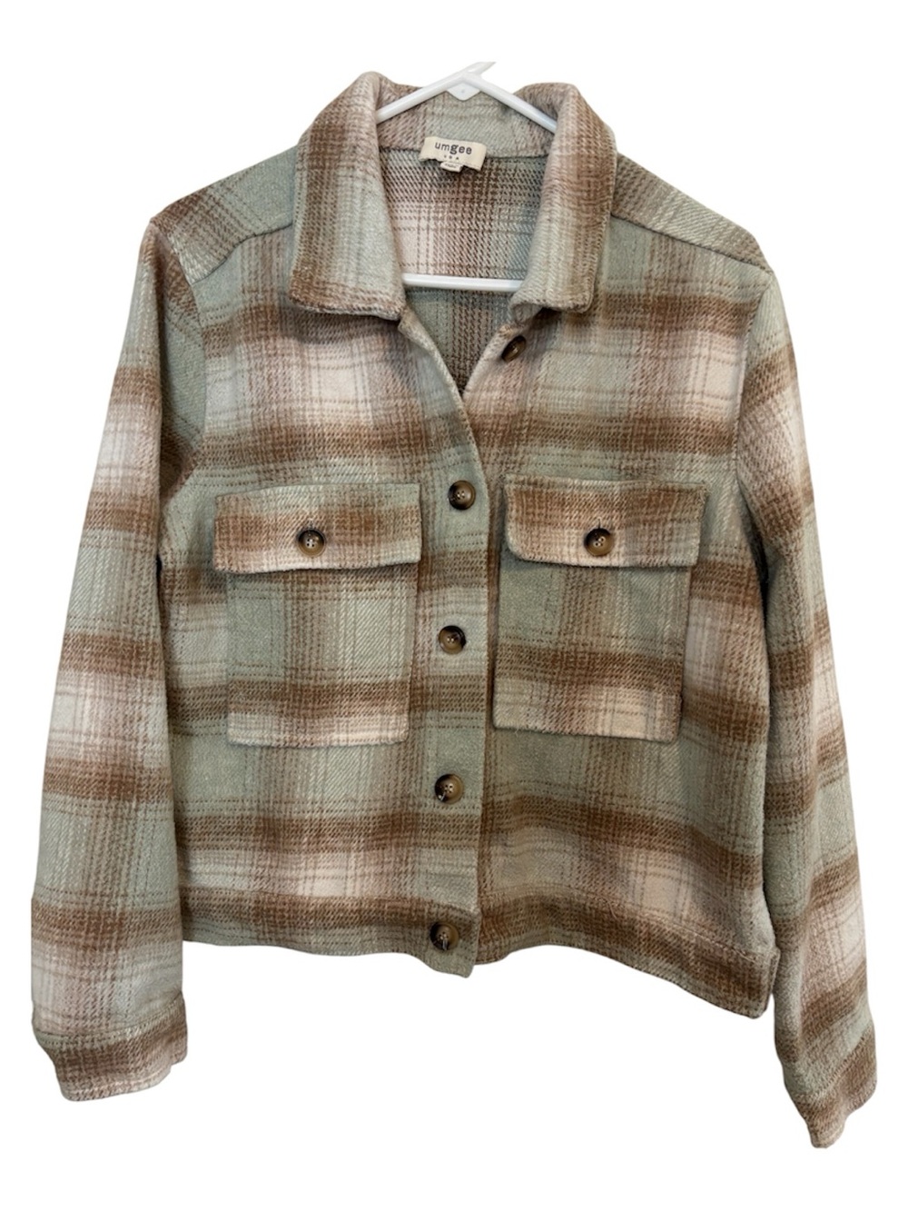 Medium Umgee Green and Brown Plaid Button-Front Utility Jacket Fall Winter